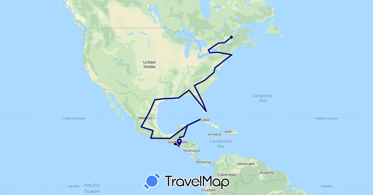 TravelMap itinerary: driving in Belize, Canada, Cuba, Guatemala, Mexico, El Salvador, United States (North America)